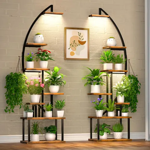 BACEKOLL 2 Pack 64" Tall Metal Plant Stand with Dual Light Heads, 7-Tier Half-Moon Rack with Waterproof Boards, Modern Indoor Garden Accent for Balcony/Bedroom, Decorative Organizer for Multiple Flower Pots