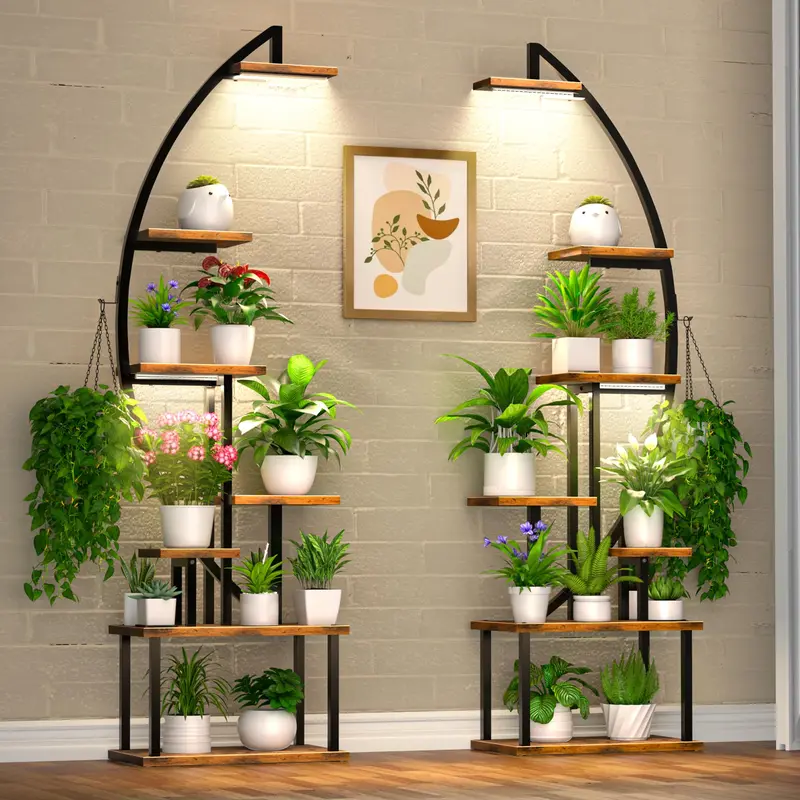 BACEKOLL 2 Pack 64" Tall Metal Plant Stand with Dual Light Heads, 7-Tier Half-Moon Rack with Waterproof Boards, Modern Indoor Garden Accent for Balcony/Bedroom, Decorative Organizer for Multiple Flower Pots