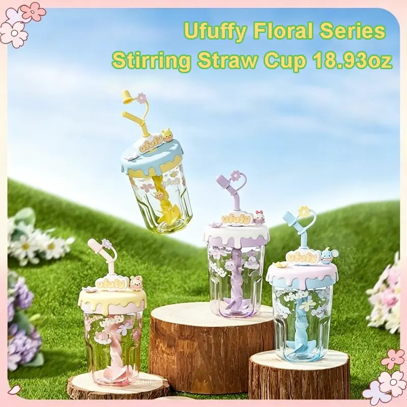 MINISO Ufufy Floral Design Straw Stirring Cup Portable Large Capacity Water Cup Lovely Cartoon Bear Pattern Drinking Cup Lightweight Leakproof Daily Drinkware Fashion Girls Home Office Travel Beverage Cup Ideal Sweet Daily Life Drinking Accessory