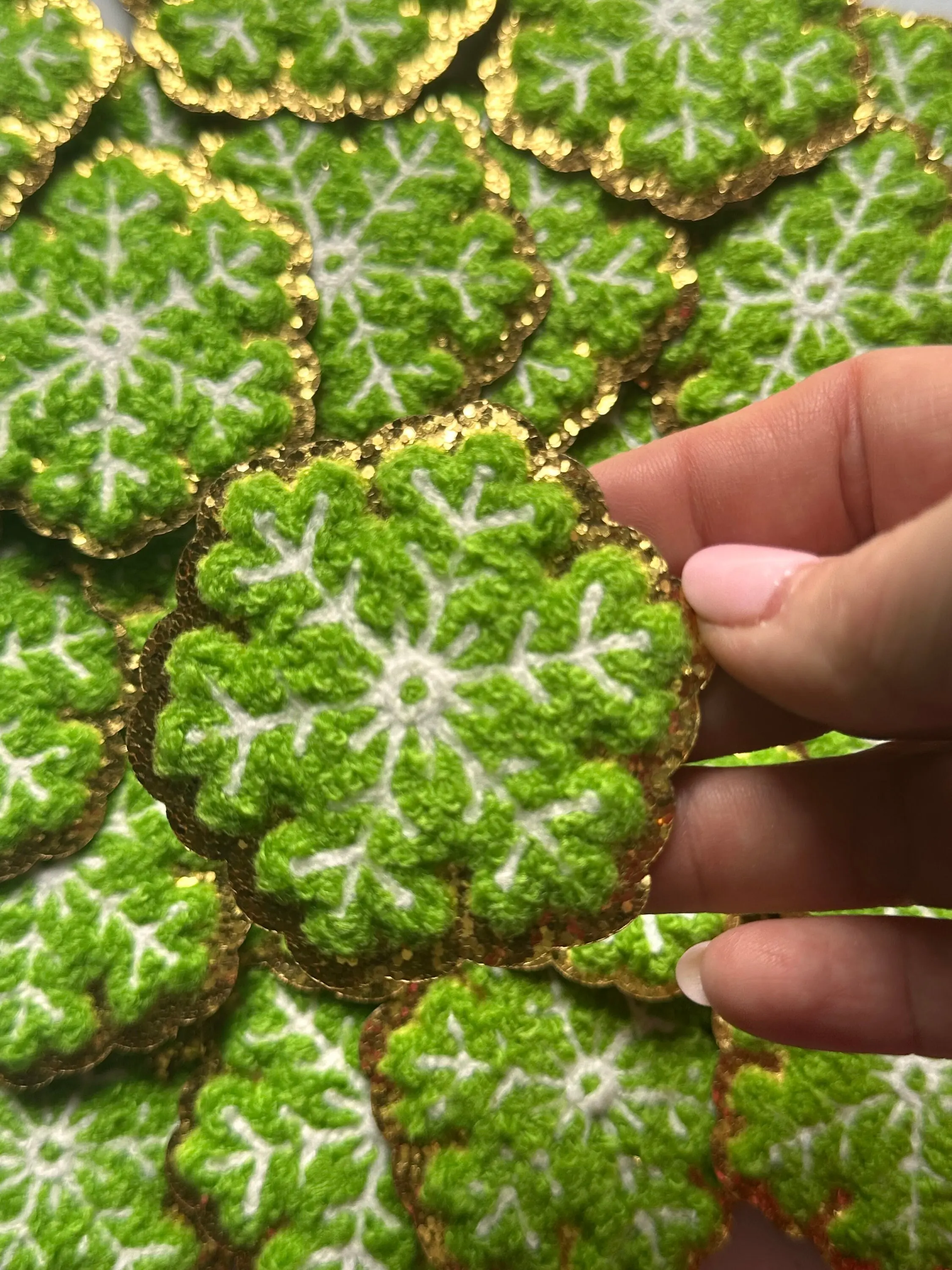Christmas Green Snowflake Patch, Chenille Iron on patch, Glitter border patch, Iron On patch, Hat Patch, Christmas patch