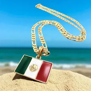MEXICO FLAG Gold Plated Pendant & 5mm 20" 24" 14K Stamped Brass Figaro Chain Hip Hop Necklace Jewelry Unisex Men Women