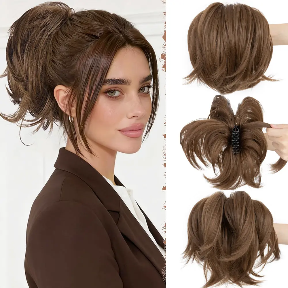 Claw Clip Short Hair Ponytail Extensions with Bendable Metals for DIY Styles Straight Messy Bun Synthetic Hair Piece for Women Hairpieces for Daily Wear 8 Inch Black Brown Blonde