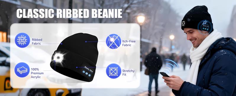 Bluetooth Beanie with Light, Unisex USB Rechargeable LED Flashlight Hat with Cordless Headphones & Built-in Speaker Microphone, Christmas & Birthday Gifts for Men, Husband & Teenagers