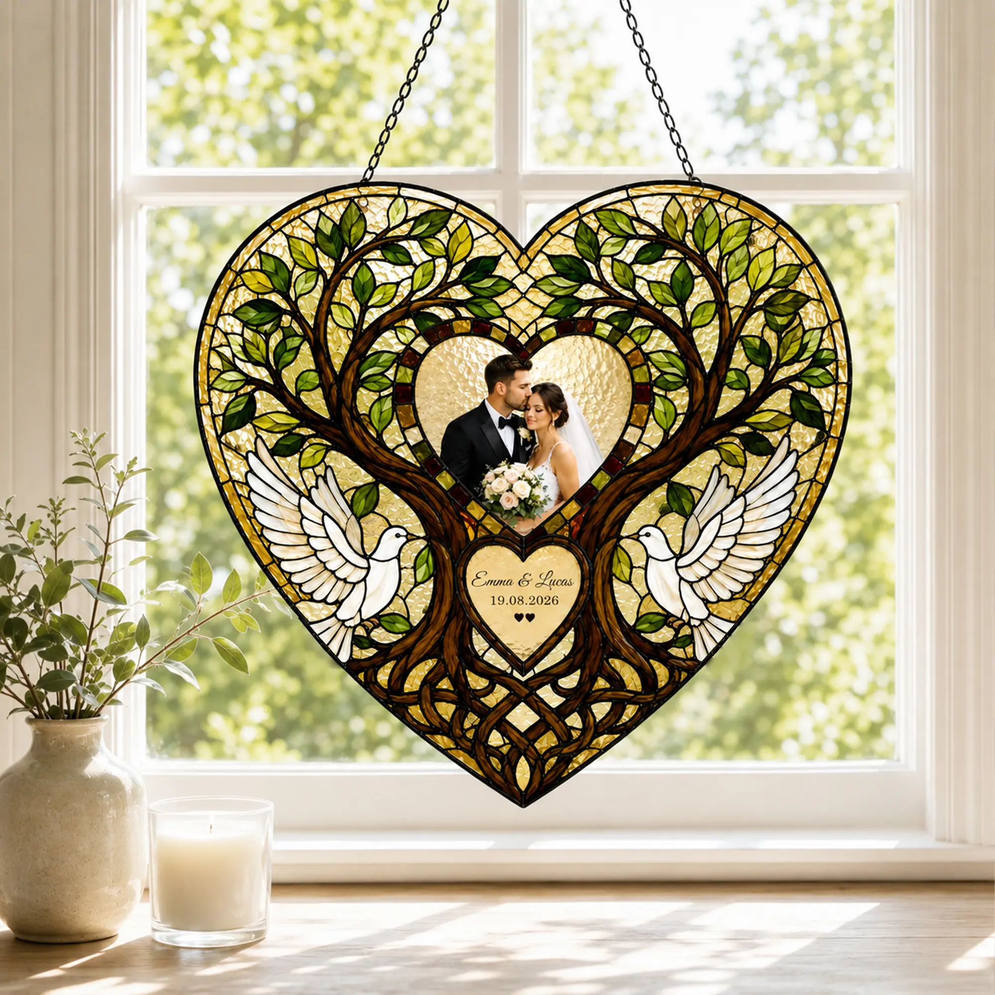 Personalized Tree Heart Suncatcher, Custom Couple Photo Stained Glass Suncatcher, Anniversary Gift, Wedding Keepsake, Hanging Window Decor
