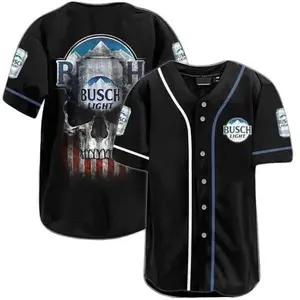Patriotic US Flag Black Skull Busch Light Beer Baseball Jersey.Jersey Baseball Shirt