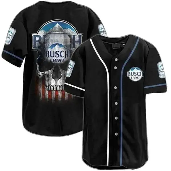 Patriotic US Flag Black Skull Busch Light Beer Baseball Jersey.Jersey Baseball Shirt