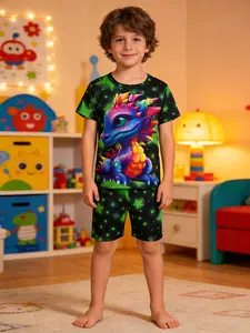 Boys' 2-Piece Cool Cartoon Dinosaur Round Neck Short Sleeve Shorts Cartoon Print Pajama Set, Comfortable Home Wear Sleepwear Pajamas for Kids