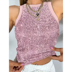 Camouflage pattern O-neck sleeveless sequin vest, contrasting color binding, slim fit topRAIMENTRY