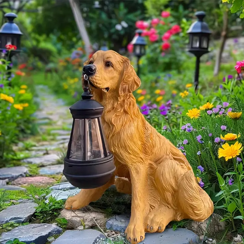 Solar Golden Retriever Garden Statue, Resin Dog Outdoor Decor with LED Light, Waterproof Yard Lawn Patio Decoration, Cute Garden Ornament, Gift for Dog Lovers