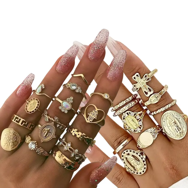 Vintage Gold Virgin Mary Cross Rings Set for Women,25Pcs Chunky Stackable Cross Knuckle Rings Set Retro Jewlery Accessories Jewelry Rings Set