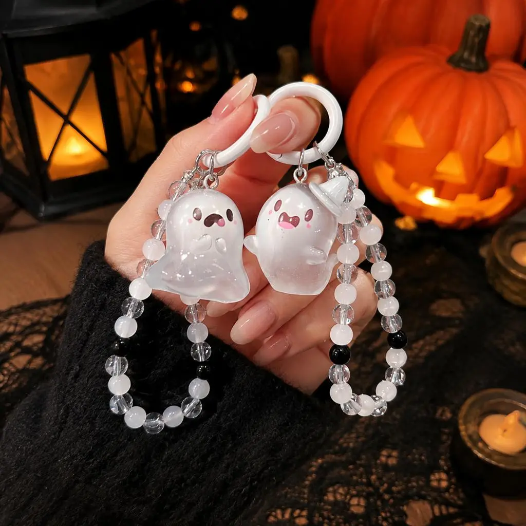 Women's 2PCS Ghost Motif Glow-in-Dark Resin Zinc Keychain Accessories, Translucent Beaded Wristlet, Lightweight Cute Spooky Aesthetic Pendant Shape Charm for Purse Backpack Car Keys - Sohochic