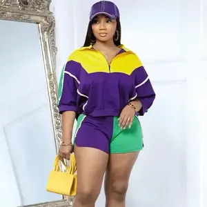 summer spring clothes Color Block Patchwork 2 Pieces Set for Woman Outfits Casual Fitness Joggers Pearls Sweatshirt Top and Shorts Sport Suit Workout