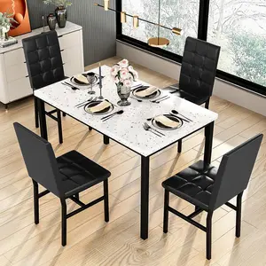 AWQM Products 5-Piece Marble Dining Set, Modern Kitchen Table & Chairs, 4 Upholstered PU Chairs - Black Waterproof Wine for Compact Space Saving Apartment Furniture