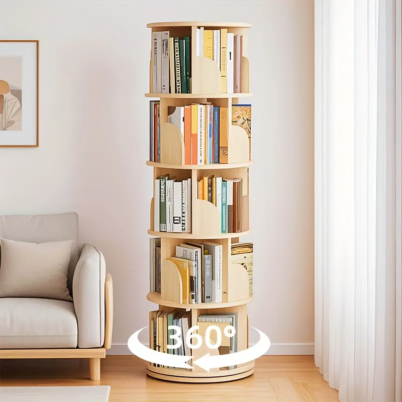 Naviconvex 360° Rotating Wooden Bookshelf Tower - Floor-Mounted, Multi-Layered, Freely Spinning Bookshelf Book Rack, Space-Saving Vertical Storage Organizer for Small Rooms, Books & Toys, Wooden Book Shelf