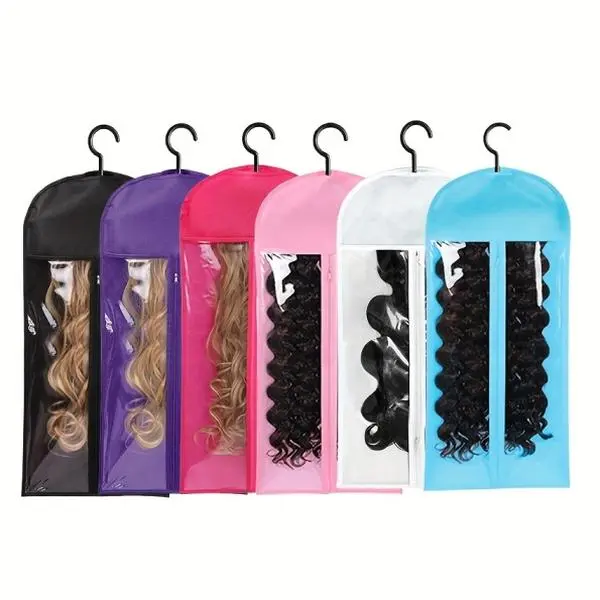 6 Pack Colorful Wig Storage Bags with Hangers, Dustproof Non-Woven Set to Protect Wigs & Hair Extensions for Travel