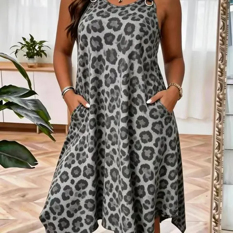 Plus Size Summer Dress for Women, Elegant Sleeveless A-Line Dress, Leopard Print, Asymmetrical Hem, Casual Party Wear, Grey