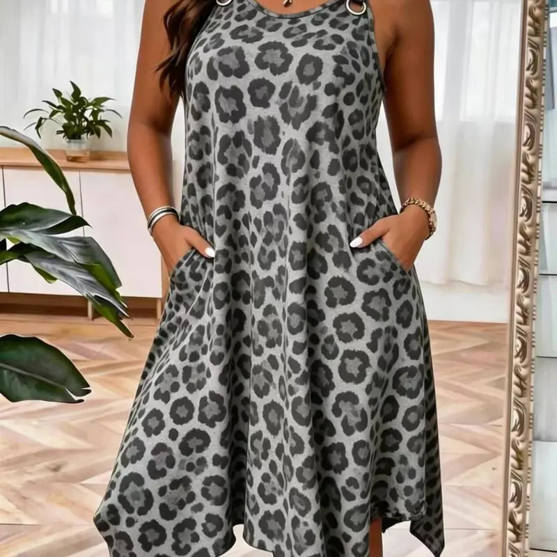Plus Size Summer Dress for Women, Elegant Sleeveless A-Line Dress, Leopard Print, Asymmetrical Hem, Casual Party Wear, Grey