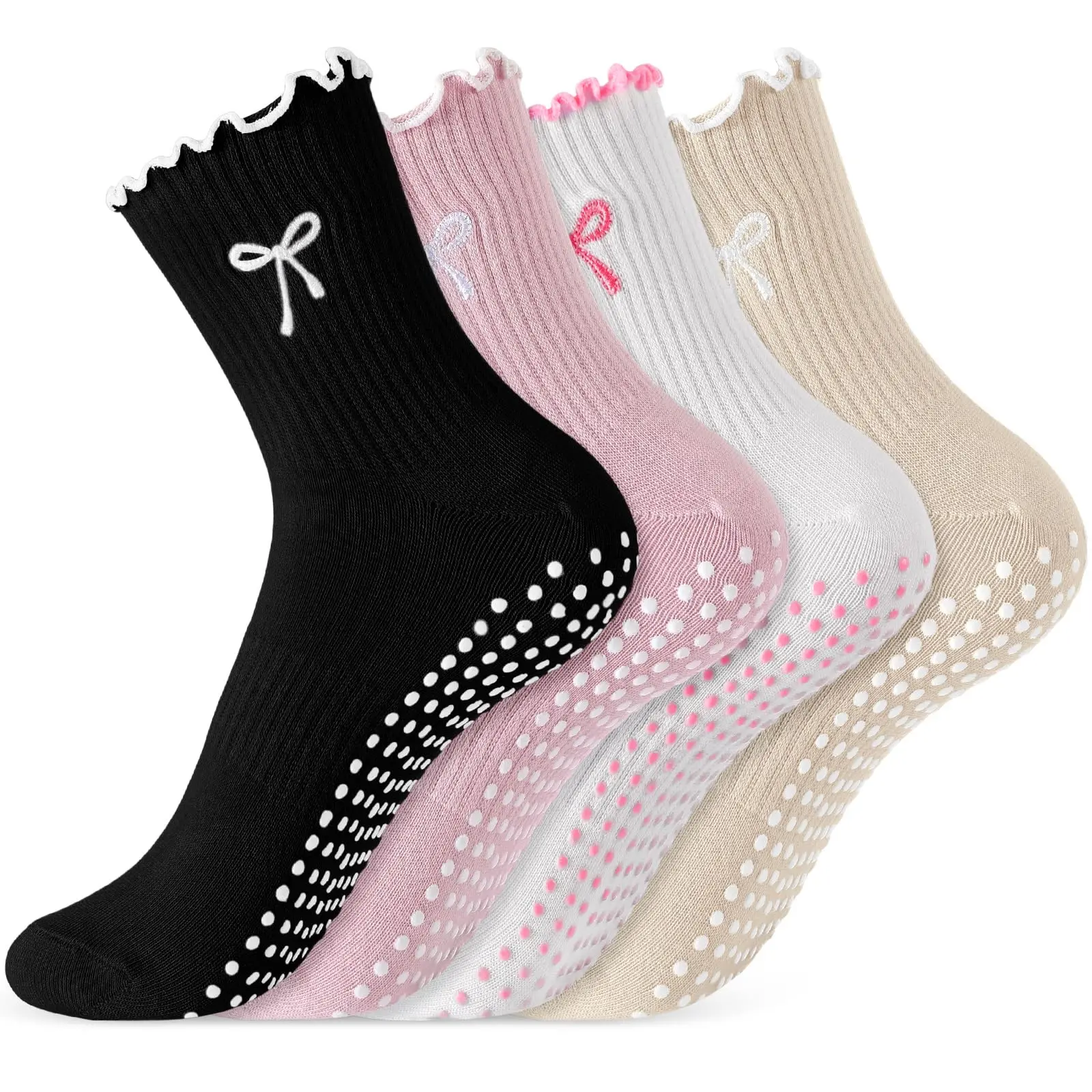 4 Pairs Women's Non-Slip Grip Socks with Bow Embroidery, Ruffle Cuff Cotton Crew Socks for Yoga, Pilates, Hospital, Home & Spa, Anti-Skid Slipper Socks Gift Set