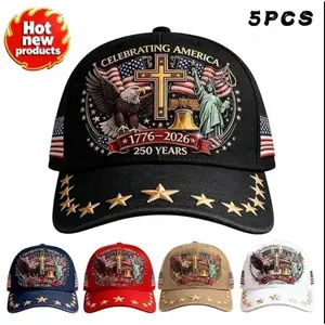 5pcs 1776-2026 US 250th Anniversary Patriotic Vintage Dad Caps, Flag & Cross Print Baseball Hats for Men & Women Heritage Hat Belief