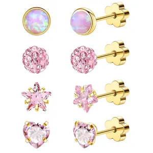 4Pairs Hypoallergenic Flat Back Earrings for Women 14K Gold Cartilage Earring for Sensitive Skin Star Heart Opal Screw Back Nap Earrings Gold Pink CZ