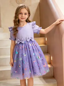 Girls' Gradient Butterfly Sequin Dress, Patchwork Mesh Skirt, Sweet Princess Style Short Sleeve Ruffle Dress, Cute Summer Fashion