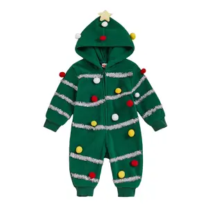 Kids Baby Girl Boy Christmas Tree Jumpsuit Colorful Plush Ball Long Sleeve Zip-up Hooded Romper Cute Winter Fall Clothes