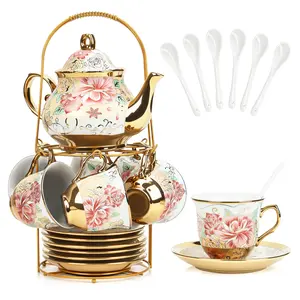 20-Pieces Classic Porcelain Tea Set with Pink Gold Floral Design – Ceramic Teapot, Cups and Saucers with Metal Holder, for Adults,for Women Afternoon Party