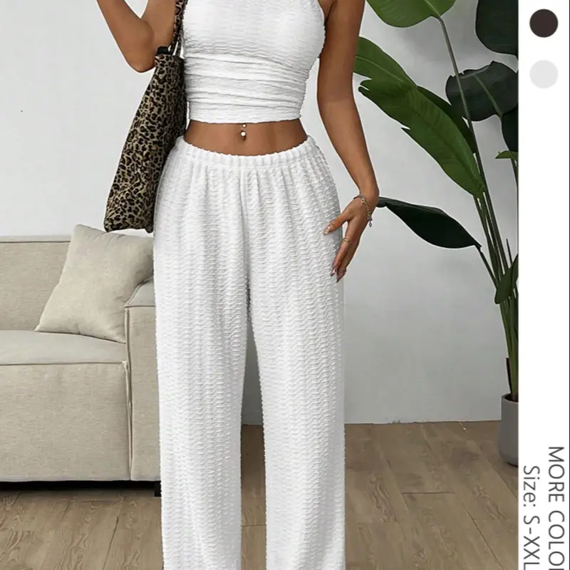 USBoutiqueCHIC Women's 275G Cupro Fabric Loungewear Set - Short Sleeve Top & Wide Leg Pants, Elegant Two-Piece for Refined Comfort, High-Waist, Flowing Leg, Minimalist Design