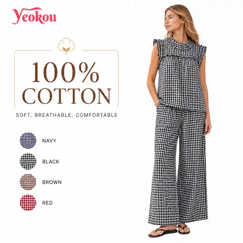Yeokou Women's Gingham Plaid 2-Piece Outfit, Cute Scoop Neck Ruffle Top and Wide Leg Pants Set for Summer Beach Vacation, Cruises, Clothes, Women's Clothes, Basic, Sets For Women 2 Piece