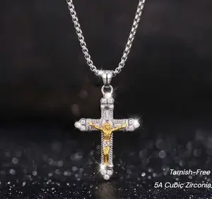 NOX & VESTIGE 316L Stainless Steel Two Tone Cross with Jesus Christ Crucifix 24 inches Long 3mm Wide Handcrafted Polishing Electroplating Daily Wear Necklace