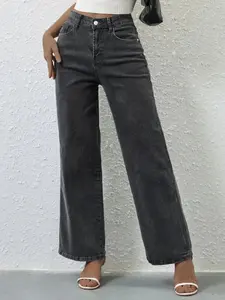 Washed High-Waisted Elastic Wide-Leg Women Jeans, Casual Fitted Plain Pattern, All-Season Daily Wear, Versatile Fashion Essential