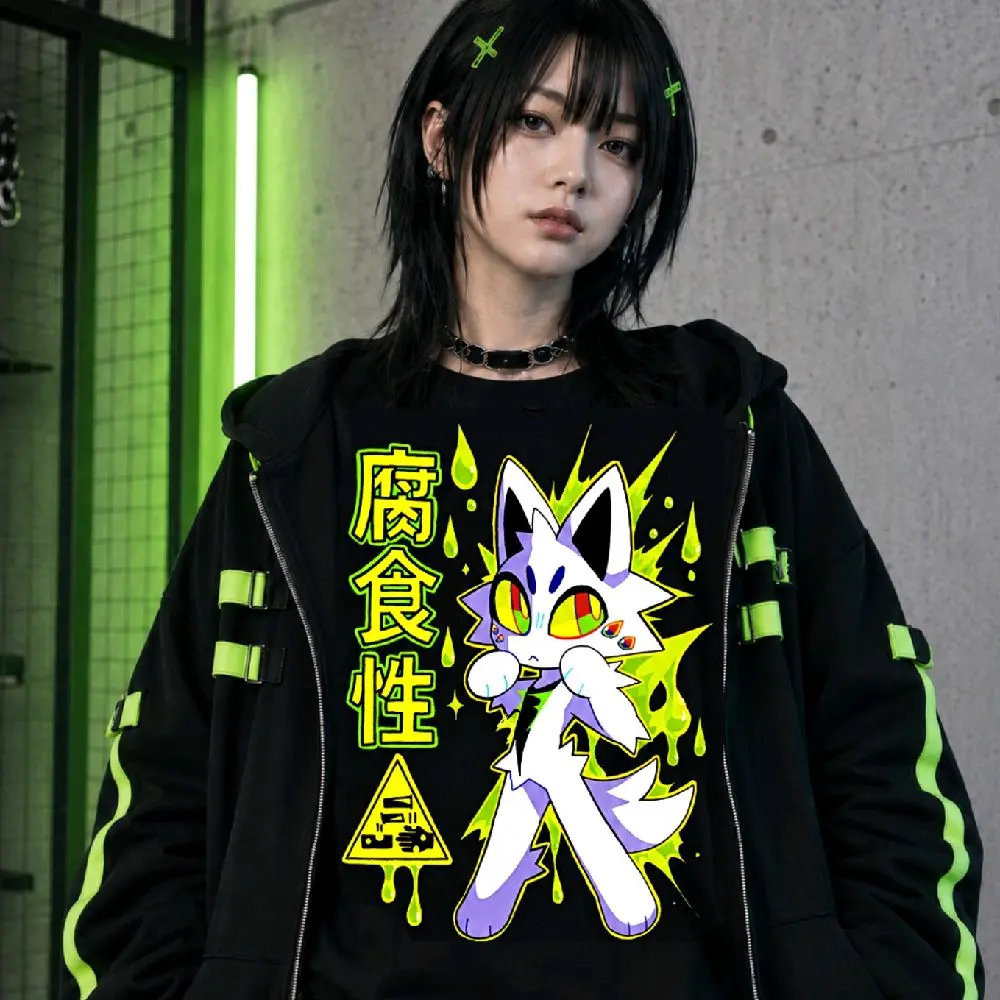 Corrosive Harajuku Graphic T-Shirt, Neon Green Toxic Cat Tee, Alt Anime Streetwear Shirt