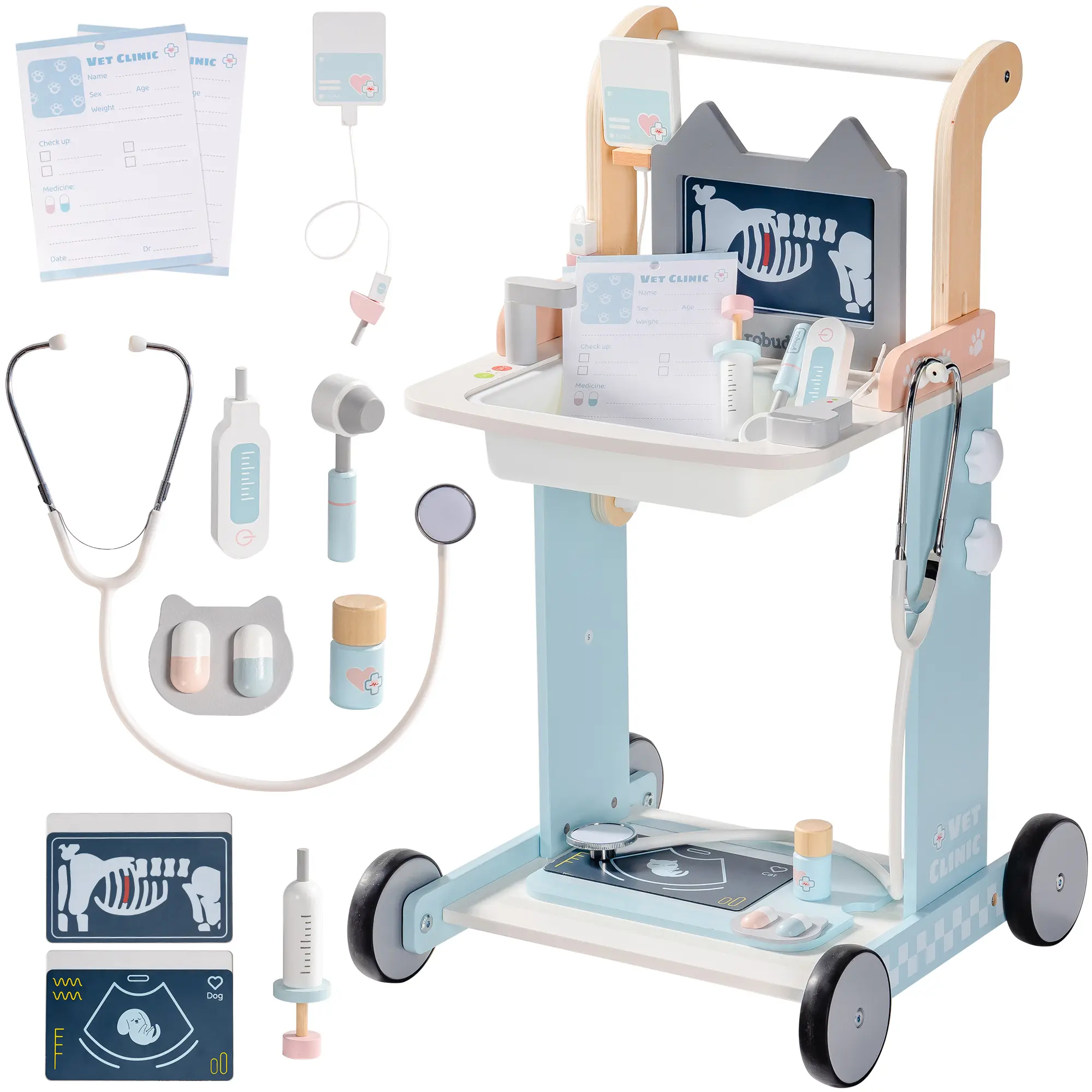 ROBUD Toddler Doctor Play Set, Complete Doctor Kit for Kids with Adjustable Height and Medical Tools, Wooden Pretend Play Pet Doctor Cart for Kids Aged 3+, Vet Kit for Imaginative Role Play Fun