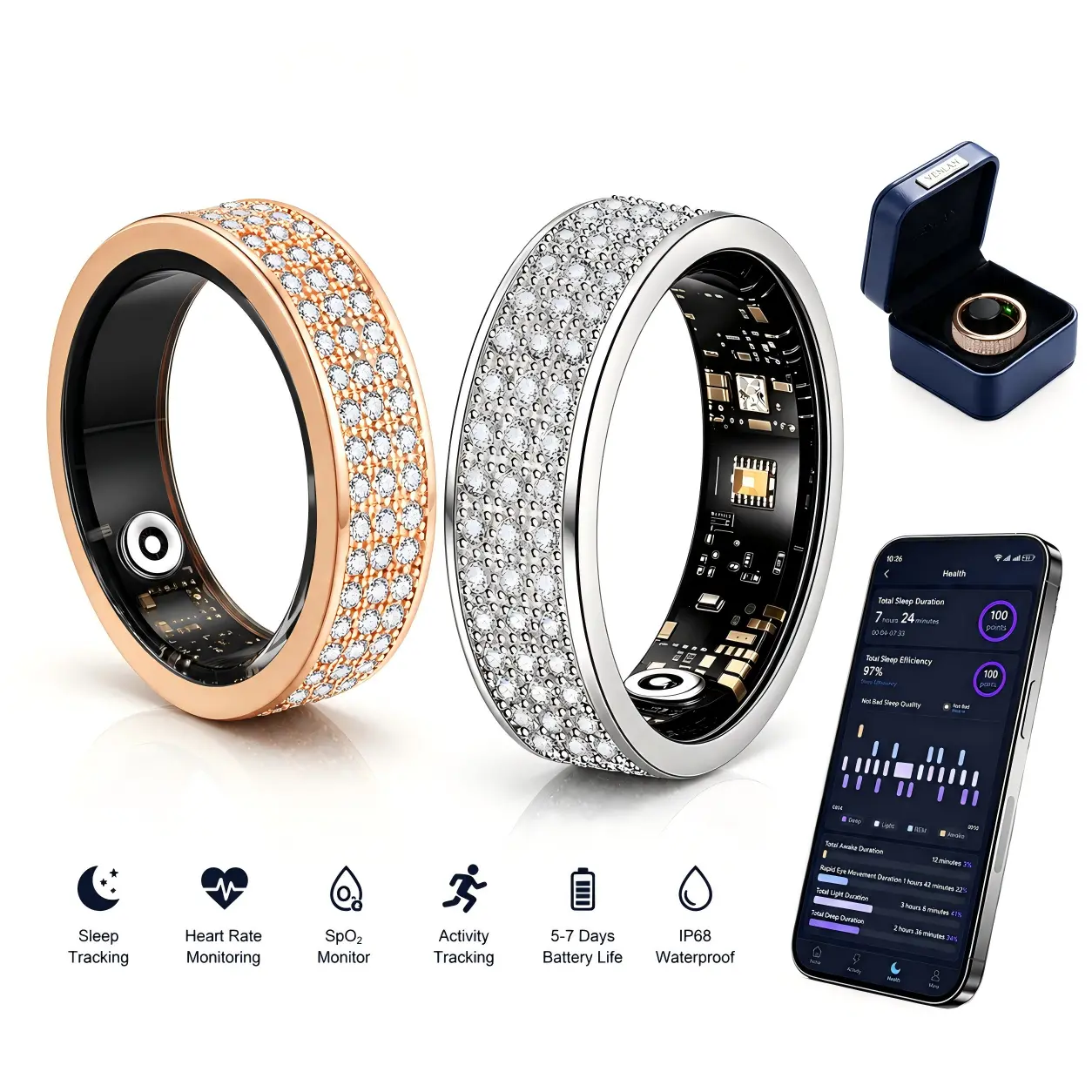 Venlan Smart Ring for Women - Elegant Fitness Ring with 100+ Zirconia Crystals, Dual-Plated Platinum Coating, Real-Time Heart Rate, Sleep & Temperature Monitoring