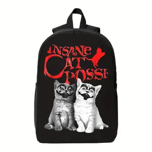 Insane Cat Posse Halloween Backpack - Spooky Cat Lover School Bag with Red Lettering, Cute Backpack for Students, Halloween Party Supplies (Zipper Closure, Black Background) - Perfect Gift for Cat Owners, Cat Backpack, Student Essentials, Playful Print,