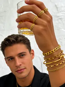 Viral 5-Piece Gold Cuban Chain Bracelet Stack for Men - 18K Gold Plated Stainless Steel Hypoallergenic Waterproof Jewelry