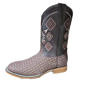 Potrillo Boots Petatillo - Brown Woven Design with Black Diamond Embroidery for Stylish Western Wear