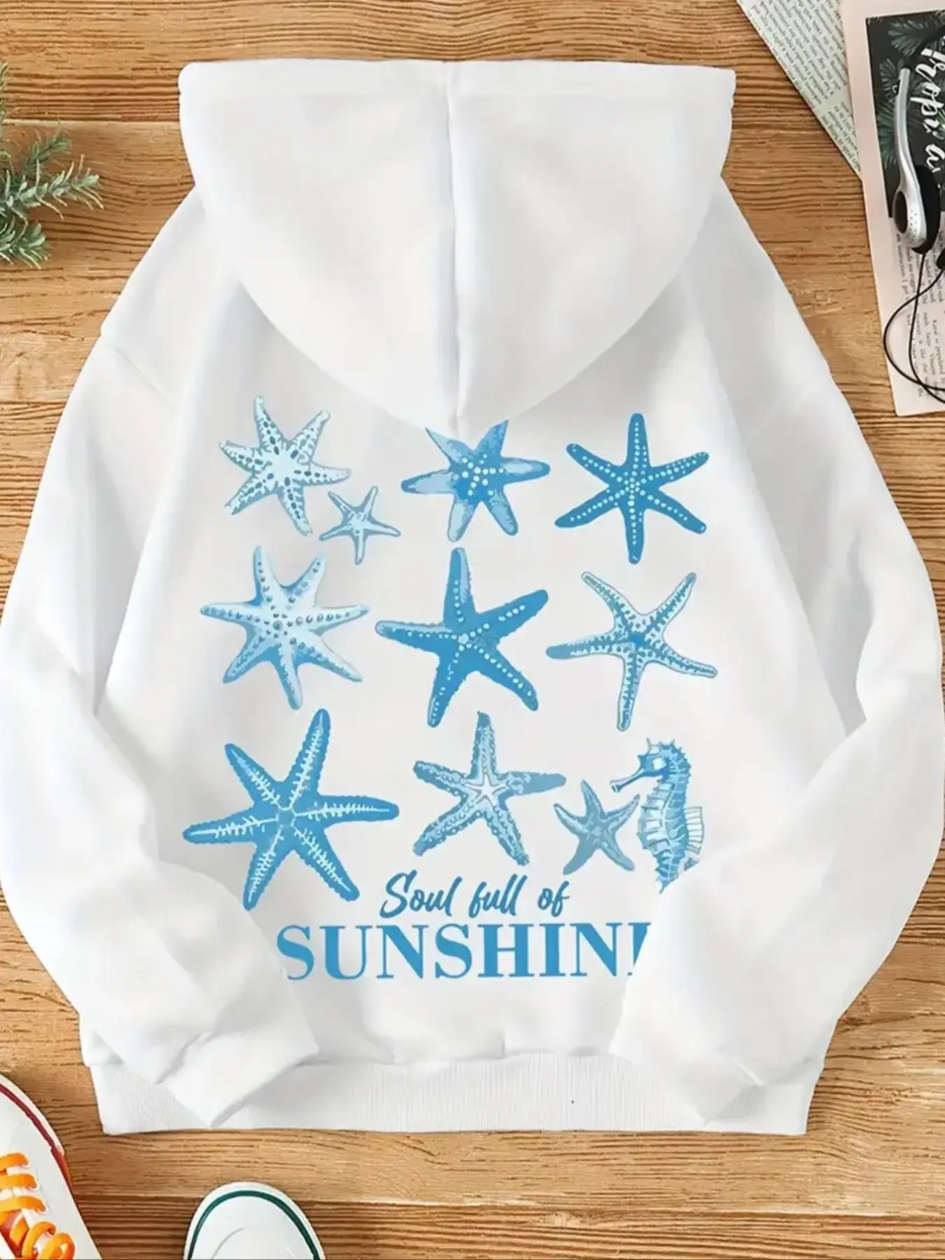【Plus Size】 Starfish & Letter Print Drop Shoulder Thermal Lined Hoodie, Fashion Casual Drawstring Kangaroo Pocket Hooded Sweatshirt for Daily Holiday Outdoor Wear, Women Clothing for Fall & Winter