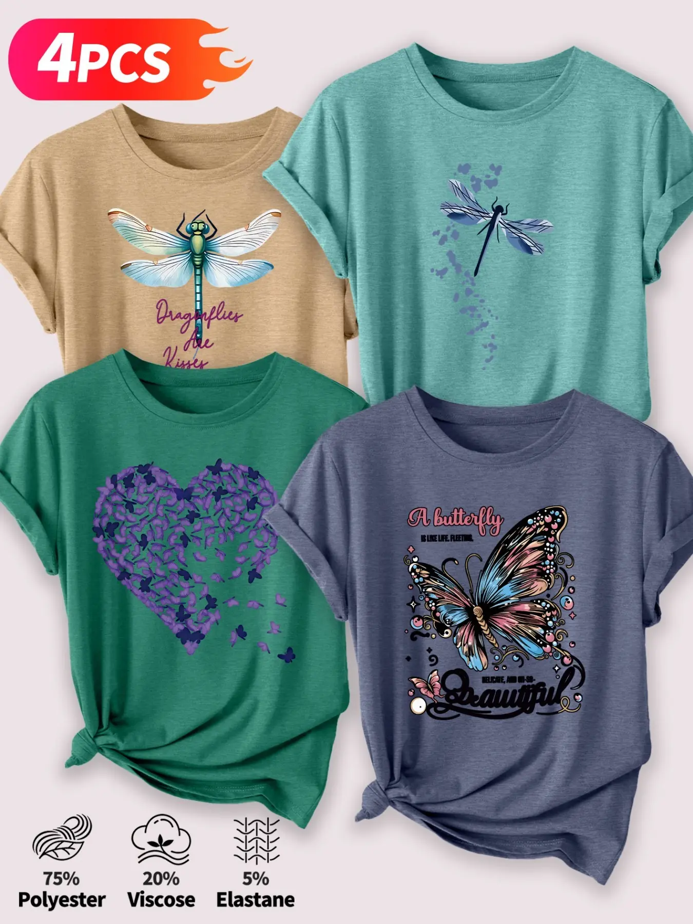 4Pcs Women's Crew Neck T-Shirts, Womenswear, Colorful Dragonfly & Butterfly Heart Print Set, Multiple Colors Available, Machine Washable, Spring & Summer Tops, Soft Skin-Friendly Fabric, Daily Versatile, Casual, Fashion Design