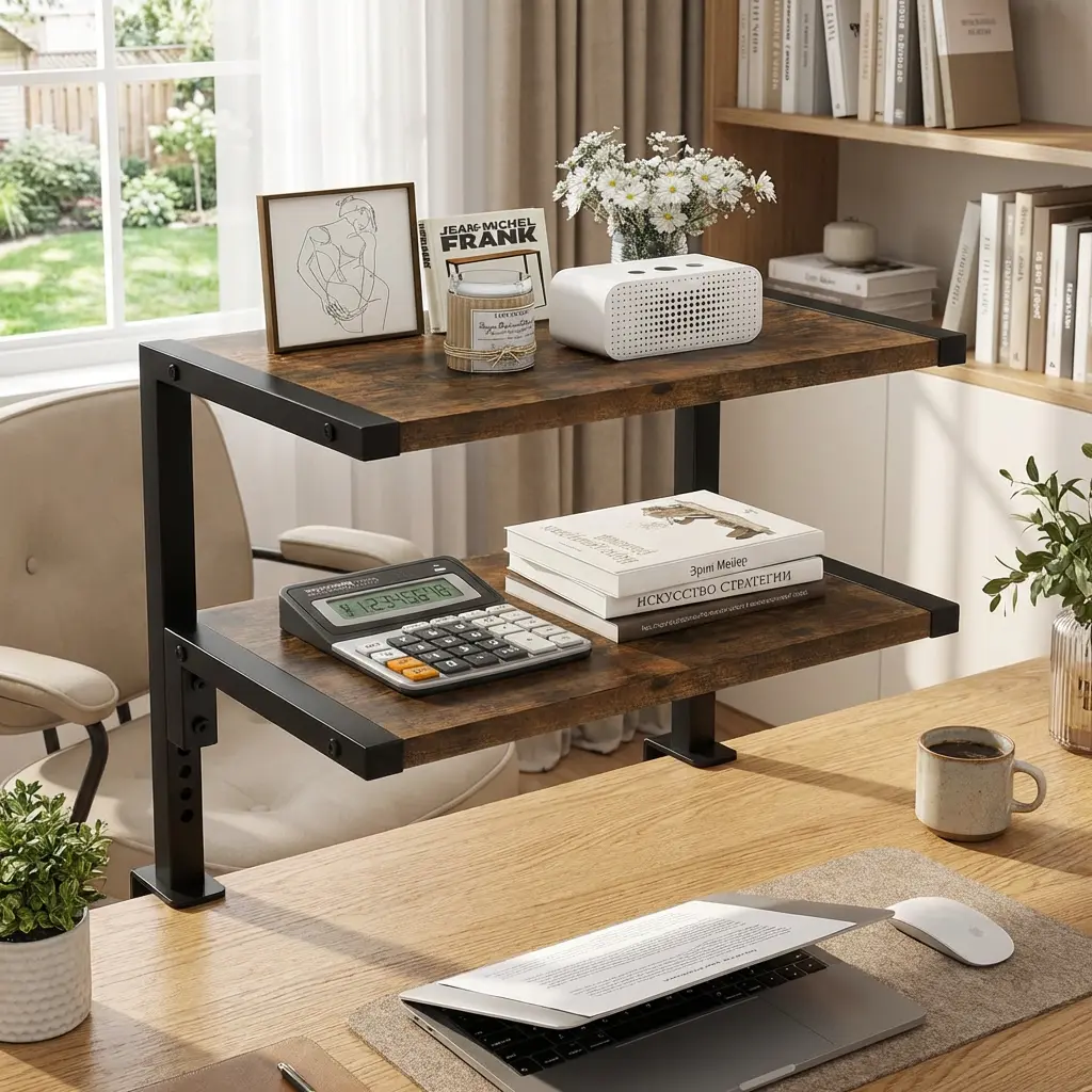 Vintage 2-Tier Drill-Free Desktop Storage Rack, Multi-Purpose Organizer for Home/Office Use
