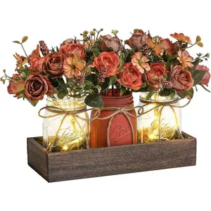 3 Pcs Mason Jar Centerpiece Table Decorations for Dining Table Decor Farmhouse Coffee Table Decor with Wood Tray and Led Light Table Centerpieces for Dining room Kitchen Living Bathroom