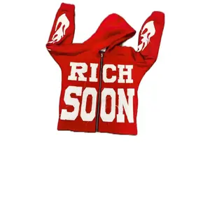Men's Oversized Hoodie with "RICH SOON" Text, Red Color, Trendy Design, Ideal for Casual Wear - Sweatshirts, Menswear