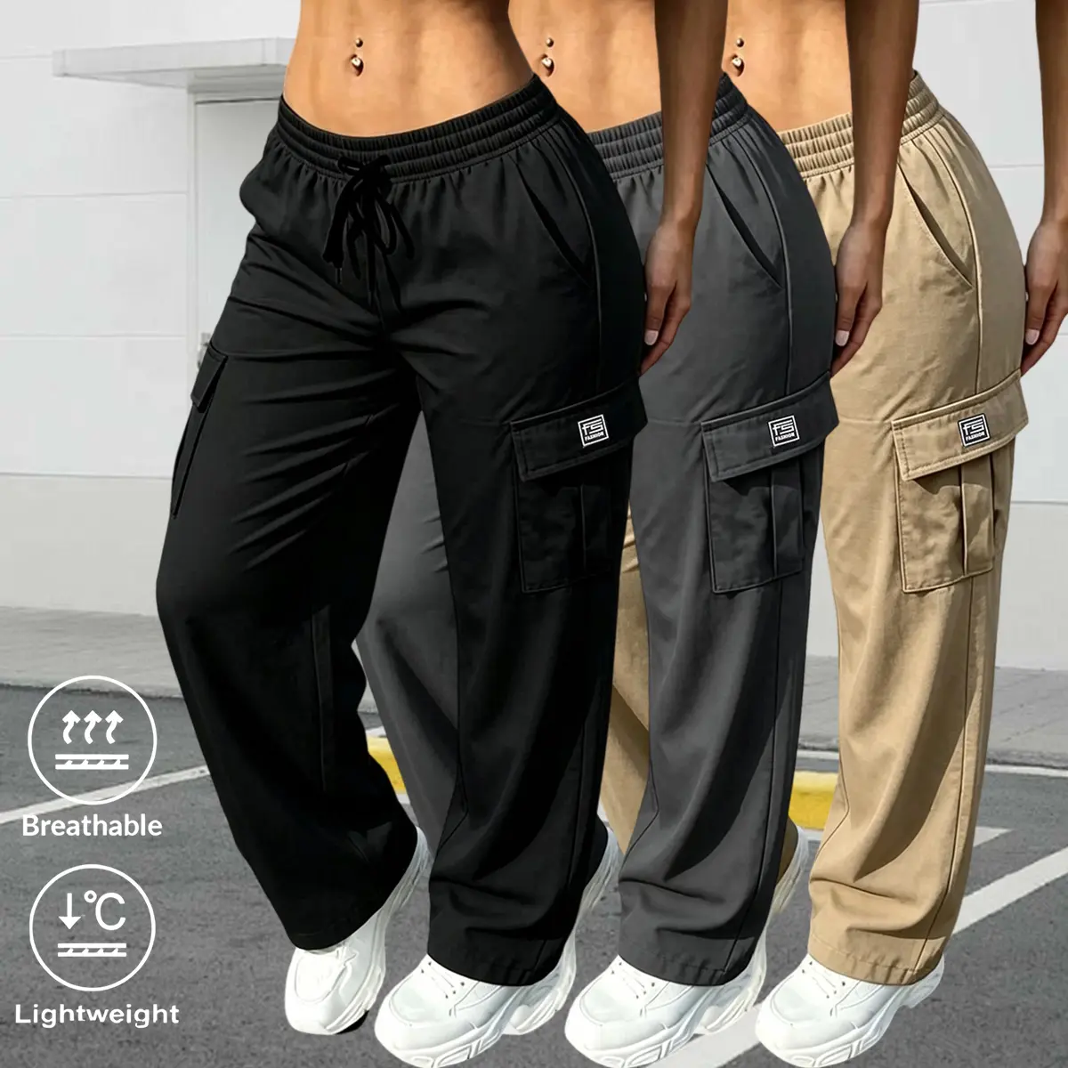 Women's Basic Casual Outdoor Cargo Trousers - Pack of 3, Elastic Waistband, Adjustable Drawstring, Suitable for Outdoor Work, Leisure Sports, Everyday Wear, Trouser, Mid Waist, All Season, Multiple Pockets, Polyester