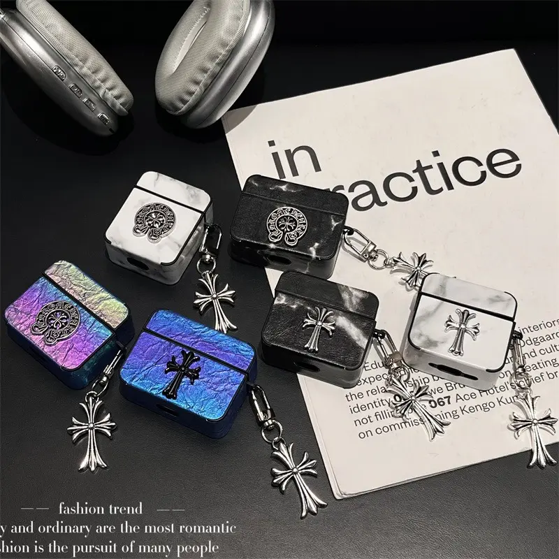 Gothic Silver Cross Shockproof AirPods Case - Marble Iridescent Texture Cover With Cross Charm Keychain For Apple AirPods