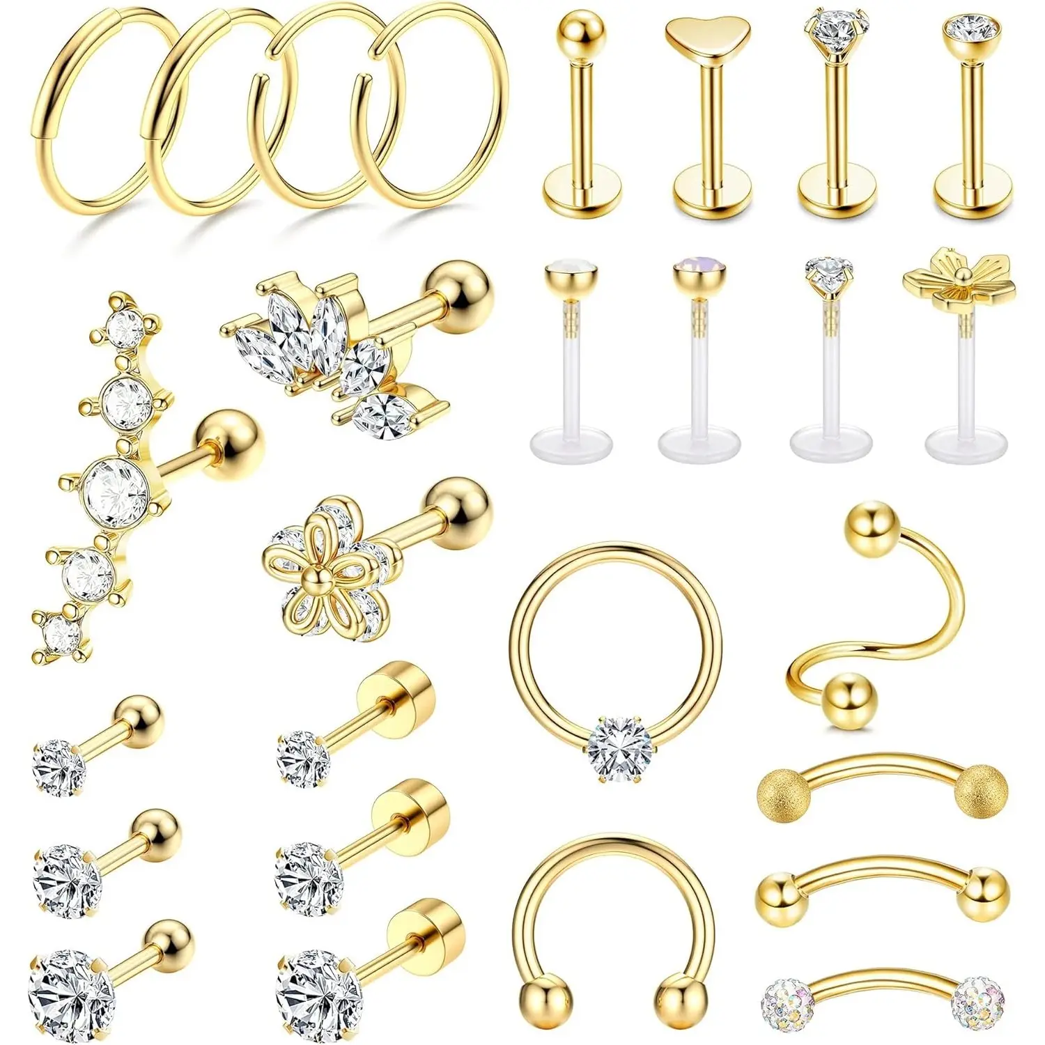 YADOCA 27Pcs 16G Stainless Steel Earring Stacking Set, Male-Female Cartilage Studs-Hoops for Helix, Tragus, Forward Conch, Labret, Lip Piercings, Labret Piercing Jewelry, Lip Piercing Jewelry, Bling Effect, Birthday, Earrings, Daily, Body Jewelry Kit, Hel