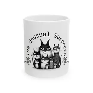 The Unusual Suspects: Feline Lineup Mug - "Too cute to convict. Too curious to trust."