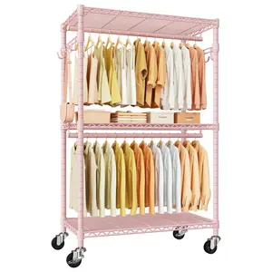 【BOGO】Heavy-Duty Rolling Clothes Rack P1 Portable Wardrobe with Wheels for Hanging Clothes Organiser,Hold 500lbs Hangable Black Closet Storage System Adjustable Standing Shelf Folding Trolley Cart