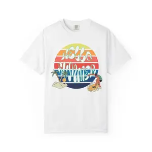 Women's summer beach vibes Graphic T-Shirt - Short Sleeve Crew Neck Regular Fit Casual Wear | Soft & Breathable Fabric, Durable Print, Everyday Comfort, Machine Washable, retro surfing at sunset with palm trees and tropical elements
