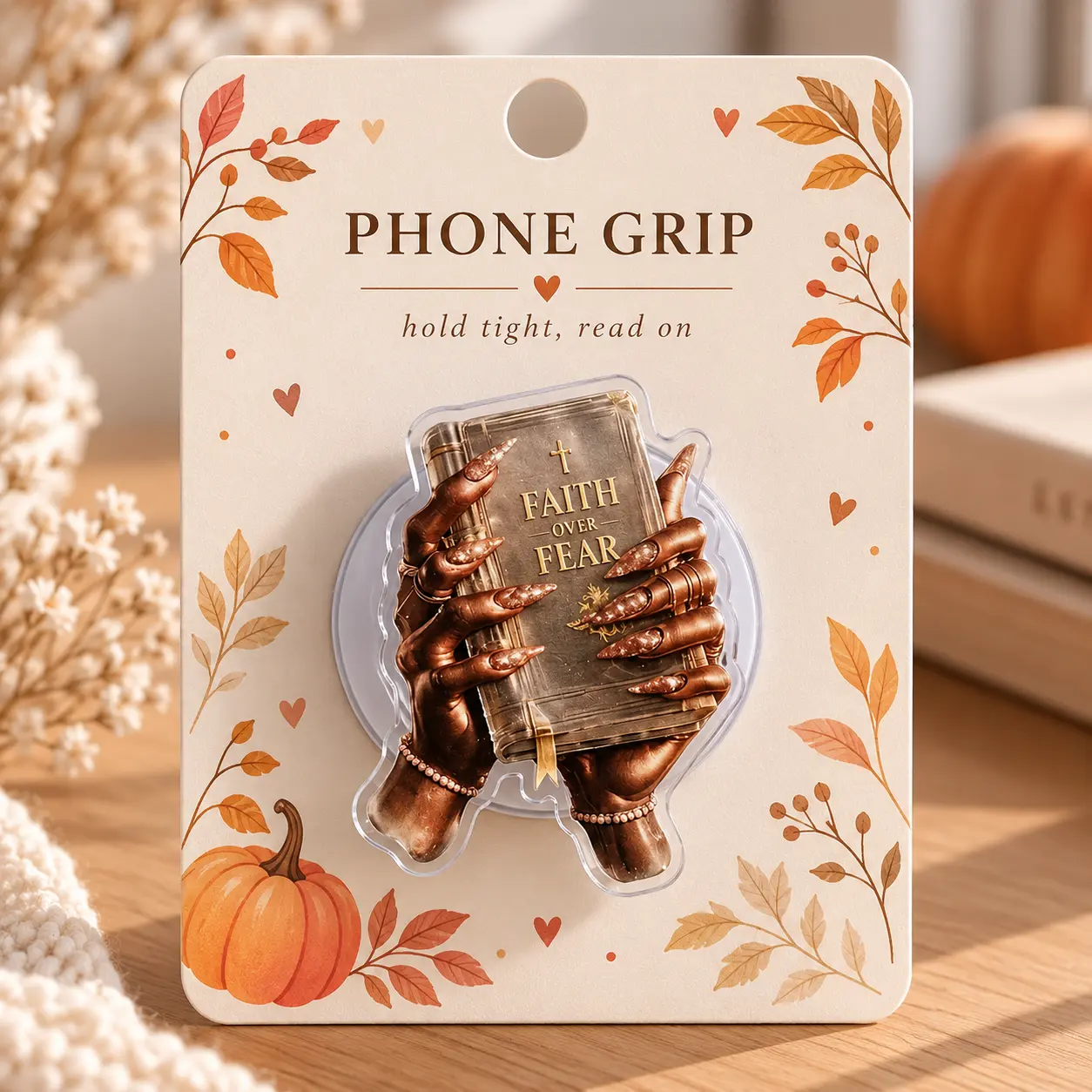 Faith Over Fear Hand Phone Grip, Bookish Mobile Stand, Cute Inspirational Hand Phone Holder, Aesthetic Gift For Book Lovers