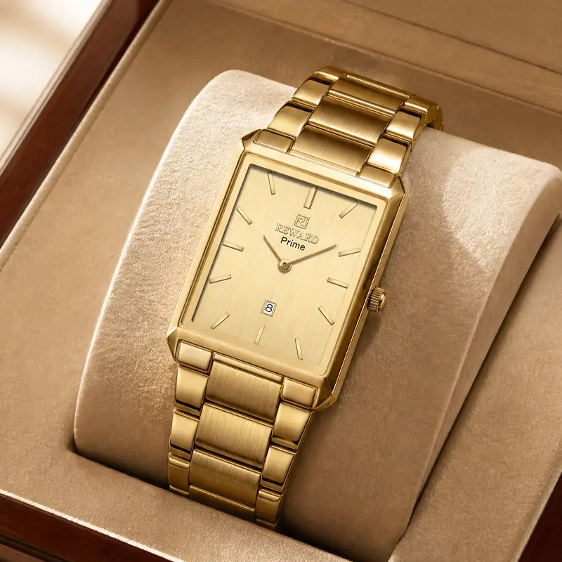 Men’s minimalist square watch with a golden dial and solid stainless steel strap; calendar window, water-resistant luminous design, quartz business watch — model 613568